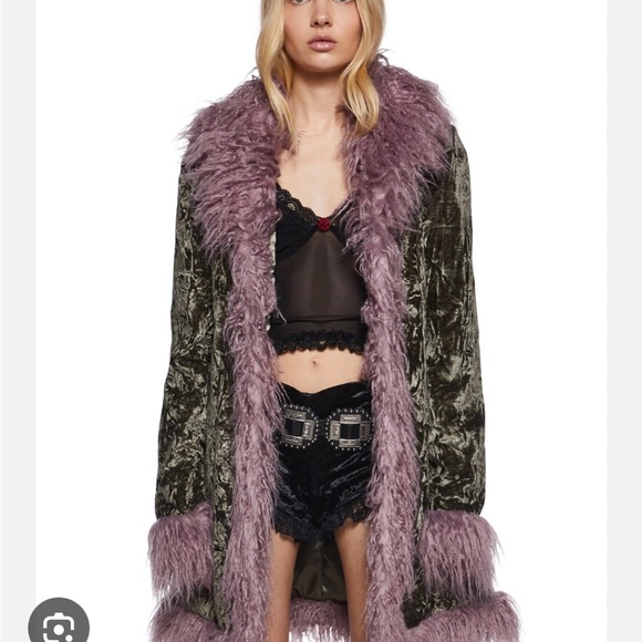 Dolls Kill Jackets & Blazers - Dolls Kill Olive Velvet Coat with Lavender Faux Fur Trim
